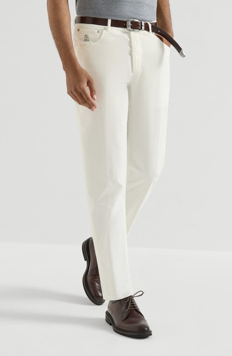 Brunello Cucinelli Garment-dyed five-pocket Italian fit trousers in cotton narrow wale corduroy, Main, color, Snow