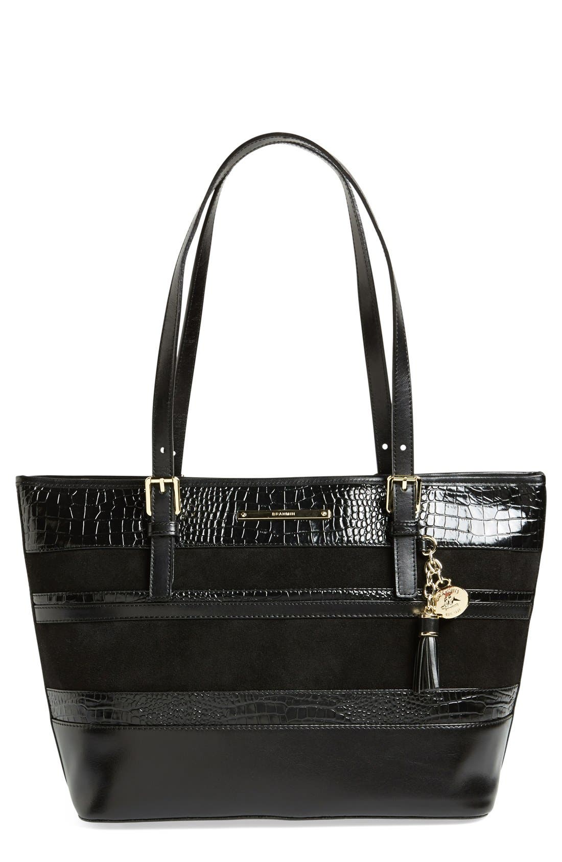 'Medium Asher' Suede & Croc Embossed Leather Tote, Main, color, BLACK