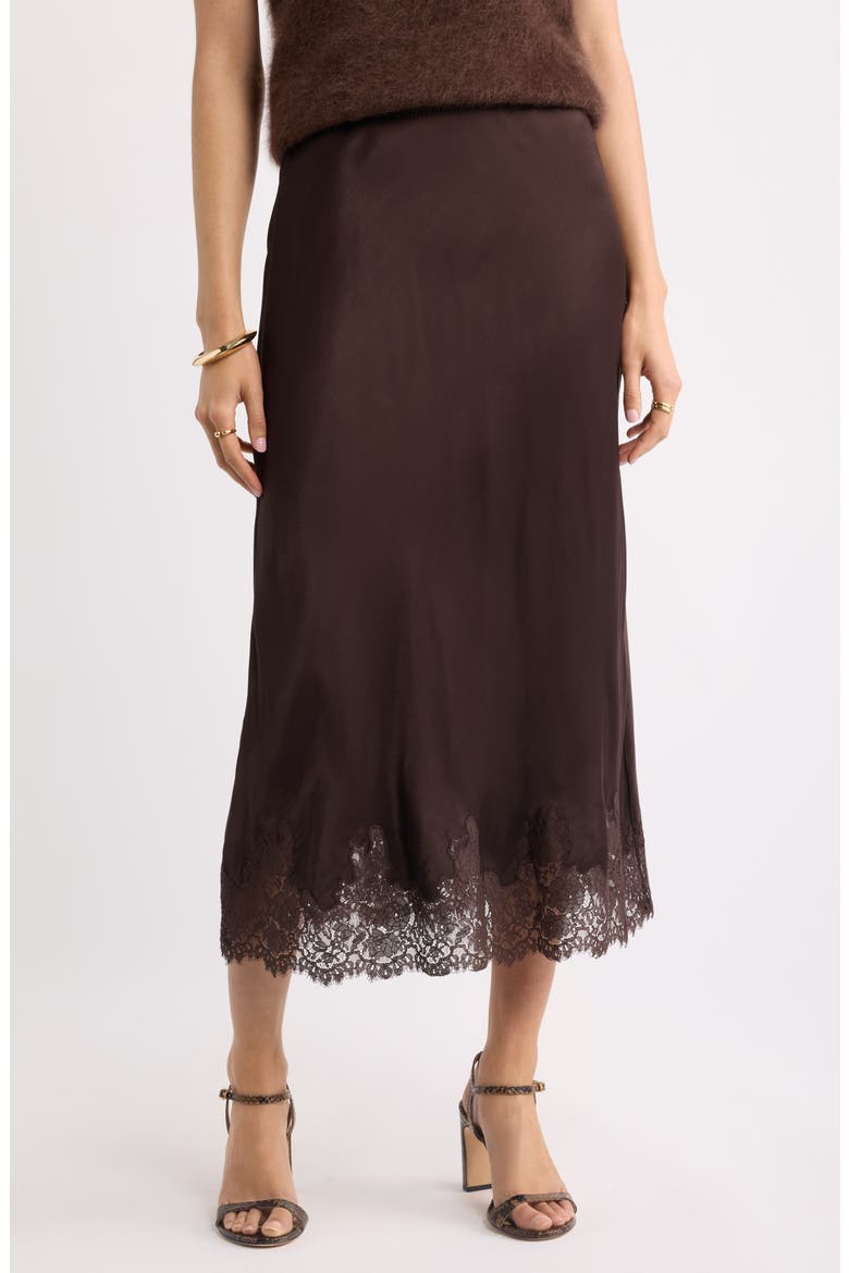 Lace Trim Satin Bias Midi Skirt, Main, color, BROWN MOLE