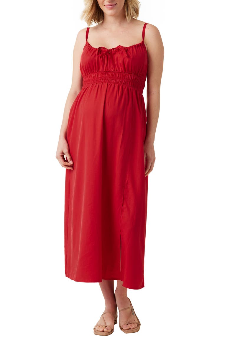 Shirred Maternity/Nursing Midi Dress, Main, color, RED