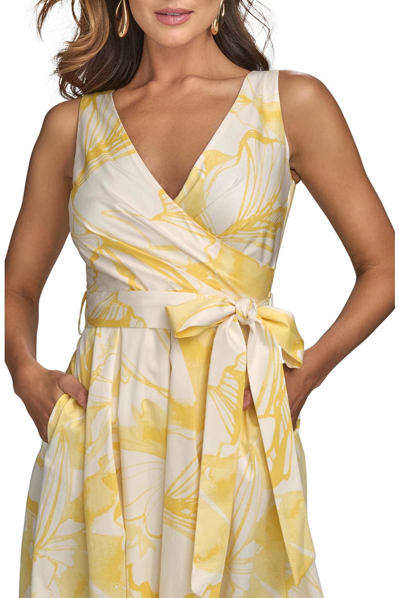 Print Tie Waist Sleeveless Midi Dress, Alternate, color, CREAM/ LIMONCELLO