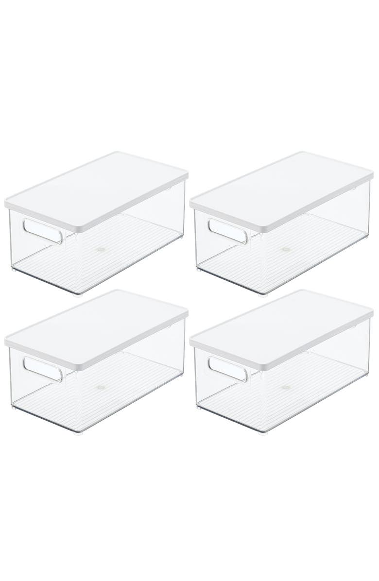 mDesign Plastic Storage Bin Box Container, Lid and Handles, 4 Pack, Clear/White, Main, color, Clear White