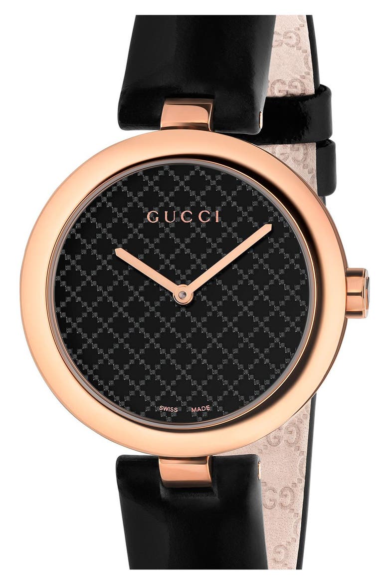 Diamantissima Leather Strap Watch, 32mm, Main, color, BLACK/ GOLD