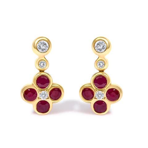 14K Yellow Gold 1/10 Cttw Diamond and Ruby Floral Dangle Earrings
