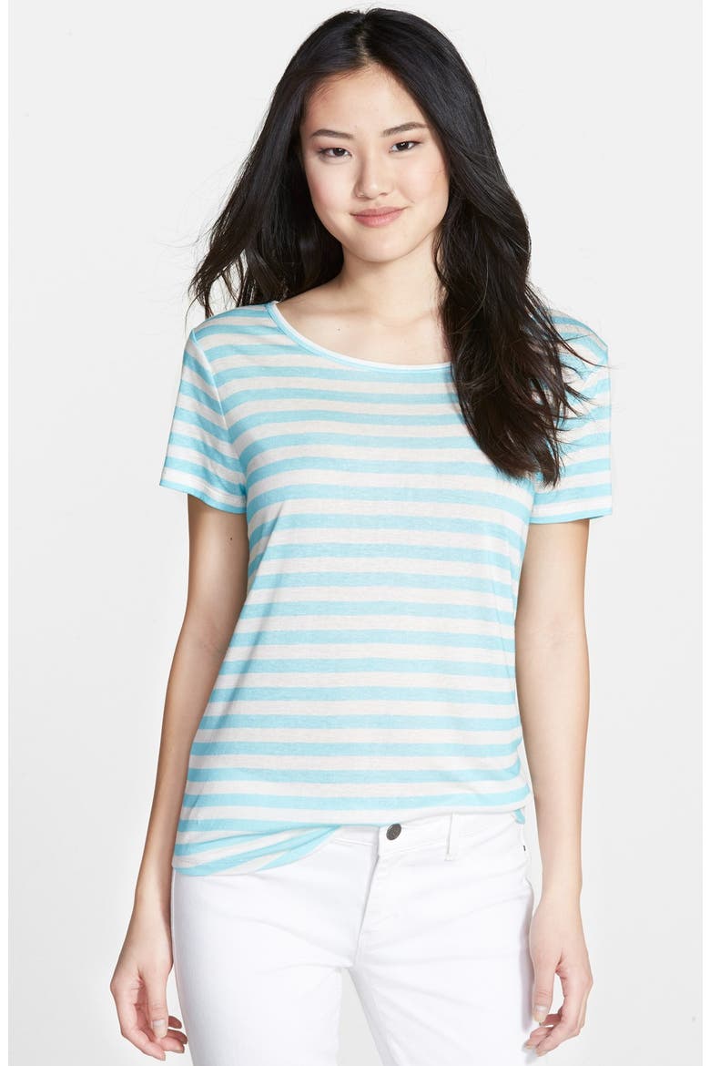 Short Sleeve Modal & Linen Tee, Main, color, AQUA- IVORY STRIPE