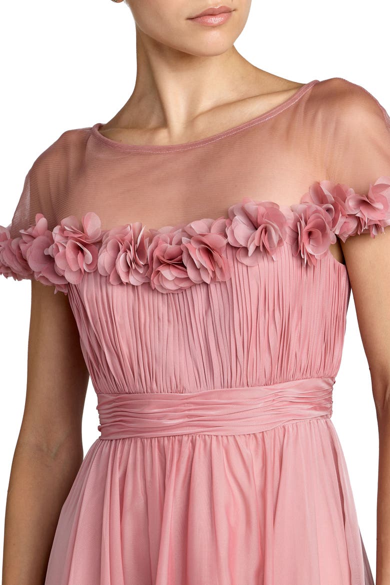 Chiffon Illusion Neck Midi Dress with 3D Flowers, Alternate, color, Rose Gold
