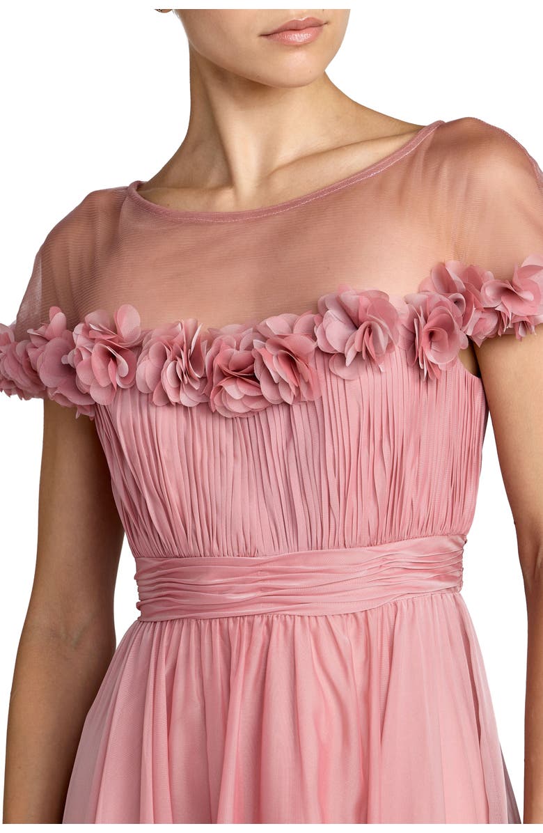 Mac Duggal Chiffon Illusion Neck Midi Dress with 3D Flowers, Alternate, color, Rose Gold