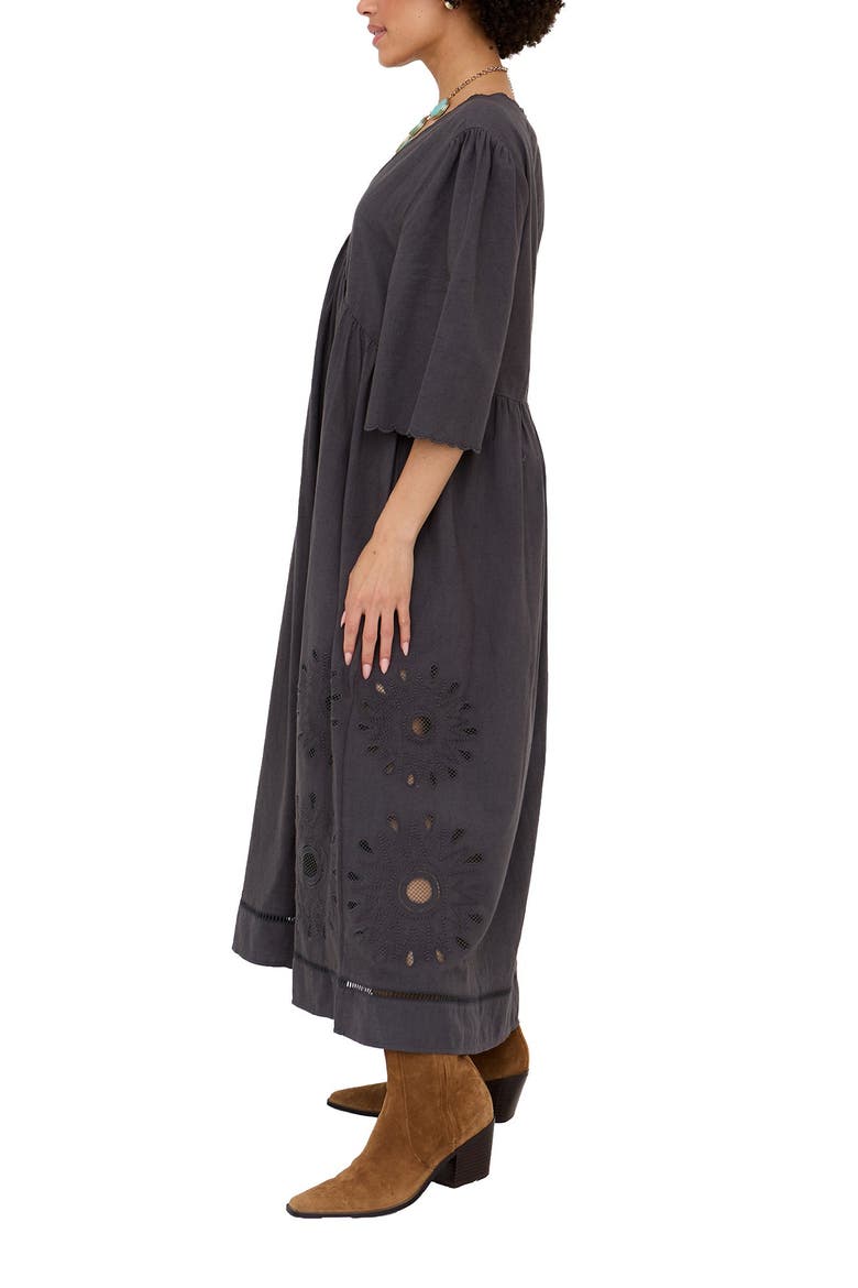 Ibiza Smock Embroidered Midi Dress, Alternate, color, Charcoal