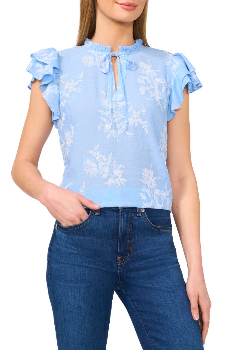 Tie Neck Flutter Sleeve Top, Main, color, WATERFALL
