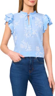 CeCe Tie Neck Flutter Sleeve Top