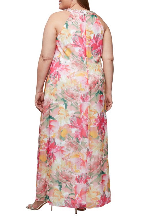 Sl Fashions Plus Size Beaded Halter Ruffled Chiffon Gown In Pink Multi