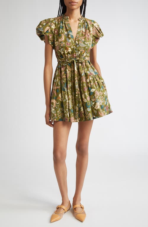 Ulla Johnson Izel Paisley-print Cotton Puff-sleeve Tie-waist Mini Dress In Green
