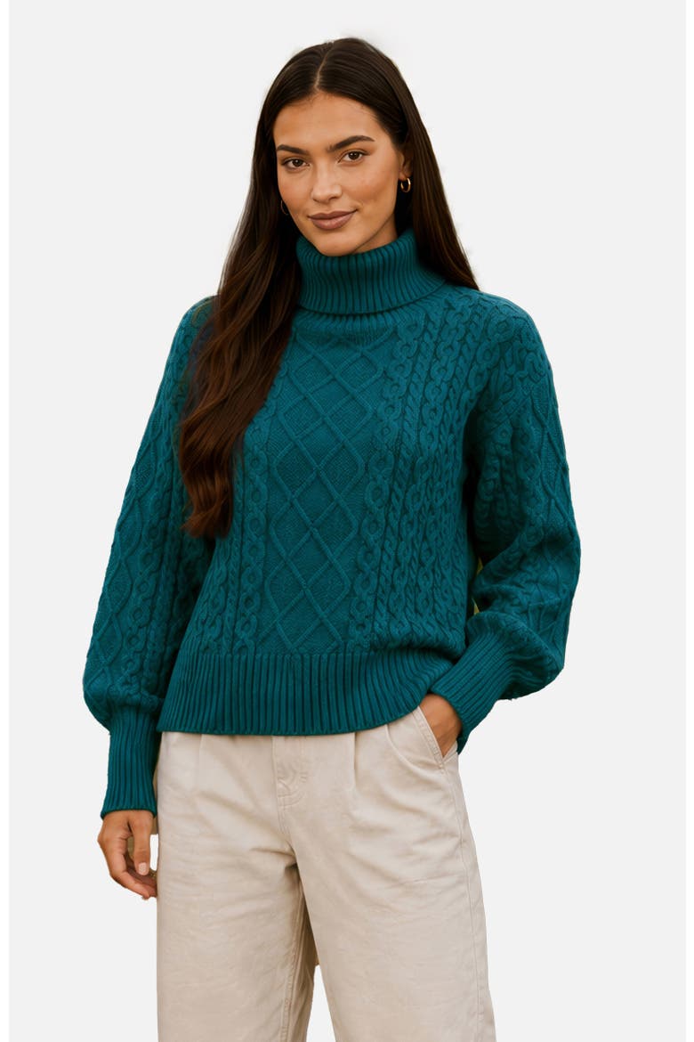 Cable Knit Roll Neck Jumper, Main, color, Teal