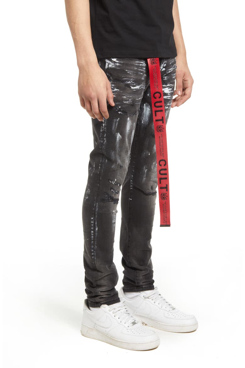 Men's Punk Belted Stretch Super Skinny Jeans, Alternate, color, PAIN