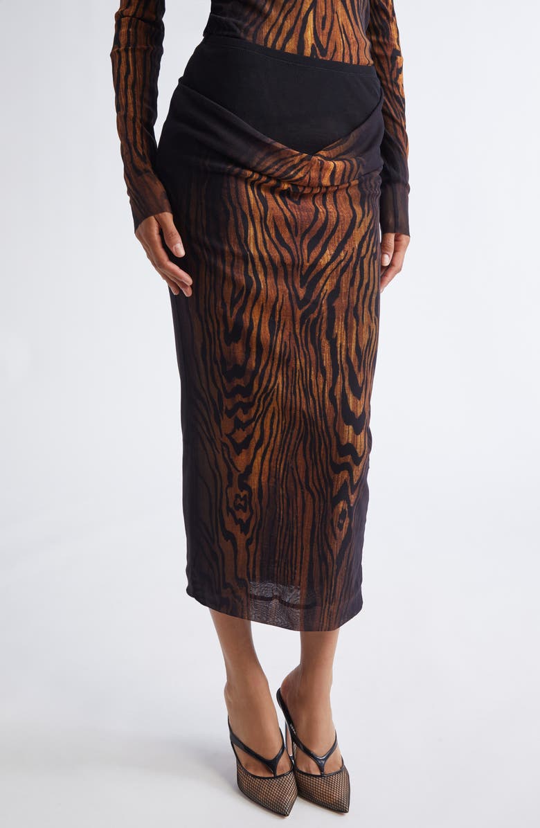 Jean Paul Gaultier Double Layer Wood Print Mesh Midi Skirt, Main, color, Black/ Brown