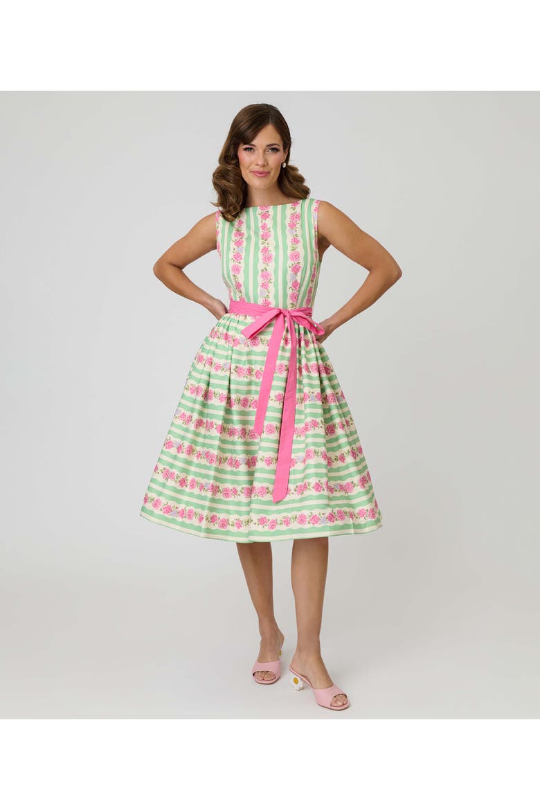 Sleeveless Belted Swing Dress, Main, color, Green & Pink Floral Print