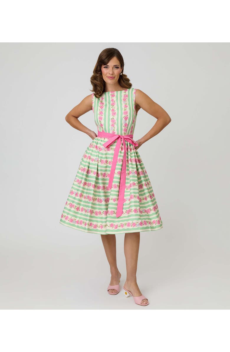 Unique Vintage Sleeveless Belted Swing Dress, Main, color, Green & Pink Floral Print