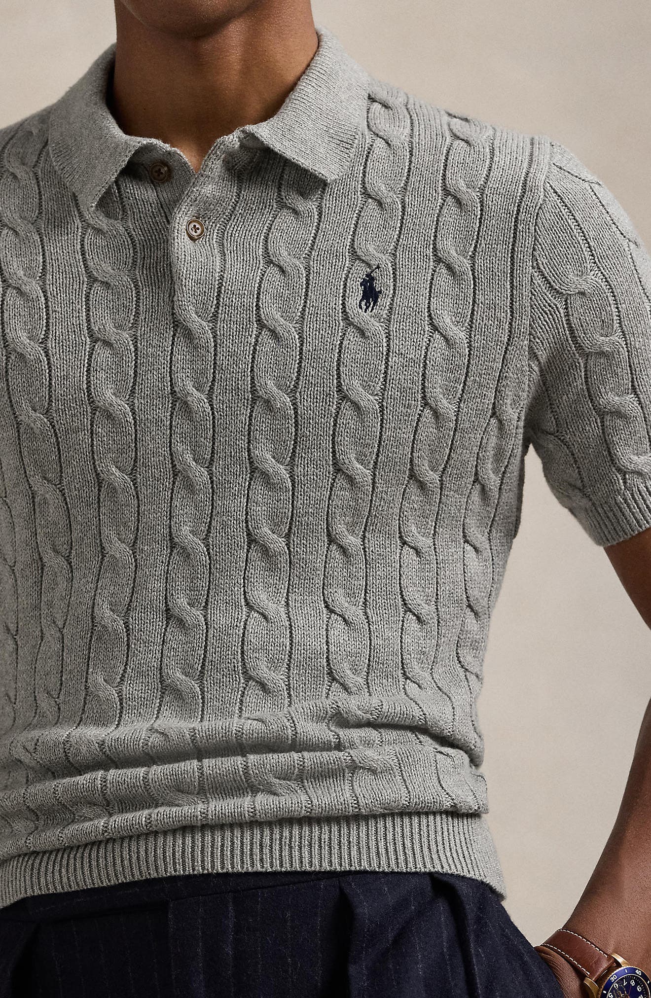 Polo Ralph Lauren Roving Cotton Cable Knit Polo Sweater (Men