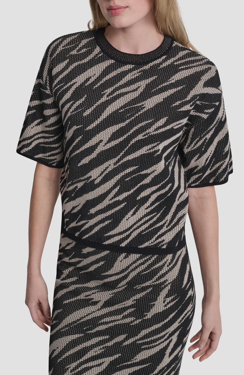 DKNY Animal Pattern Openwork Jacquard Short Sleeve Sweater, Main, color, Concrete Animal