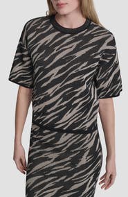 DKNY Animal Pattern Openwork Jacquard Short Sleeve Sweater