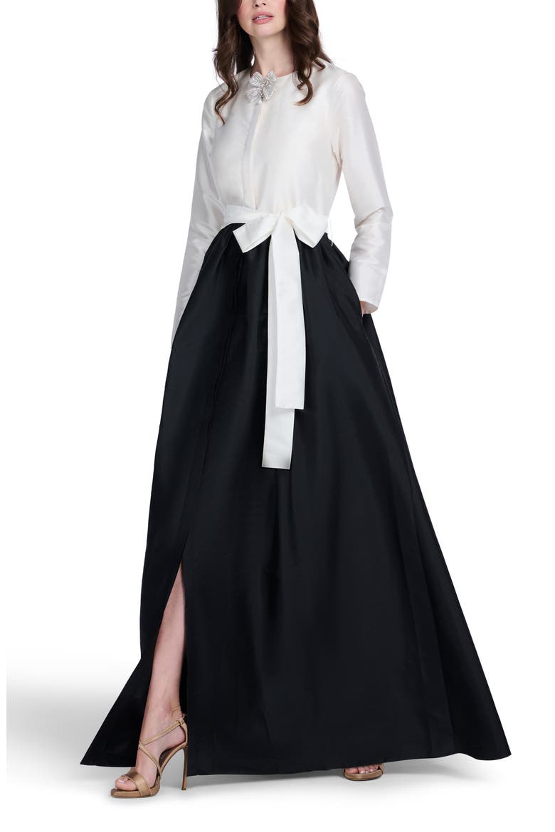 Princess Long Sleeve Taffeta Gown, Alternate, color, IVORY/ BLACK