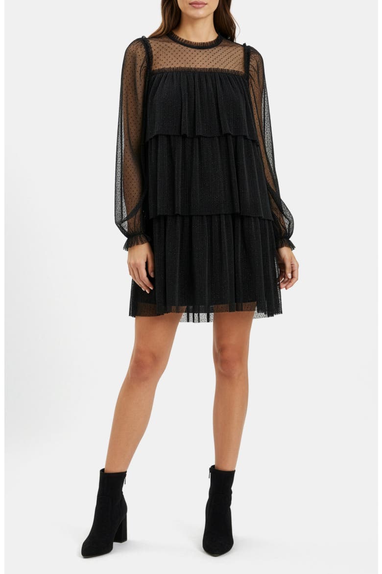 Long Sleeve Tulle Minidress, Alternate, color, BLACK