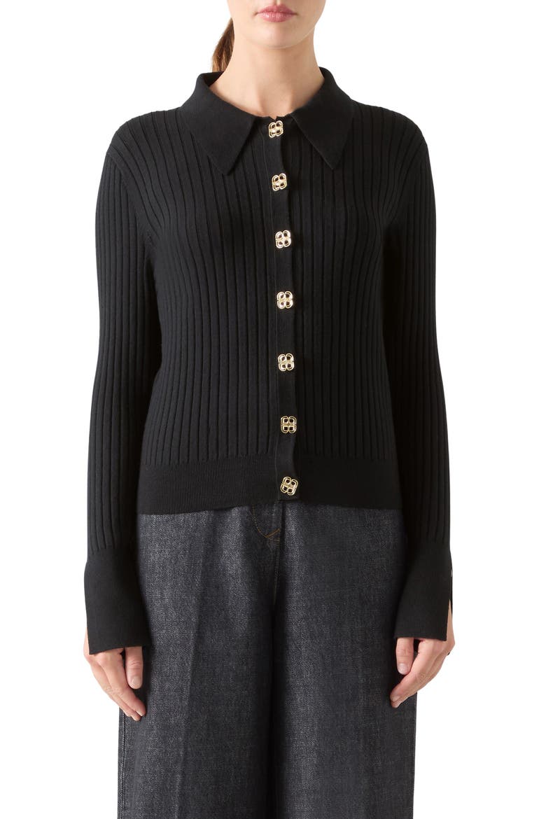 Willow Rib Merino Wool & Cotton Cardigan, Main, color, BLACK