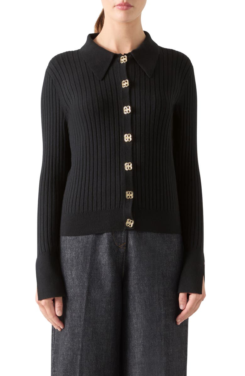 LK Bennett Willow Rib Merino Wool & Cotton Cardigan, Main, color, Black