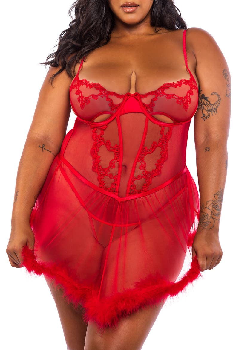 Baroque Heart Babydoll Chemise & Thong Set, Main, color, RED