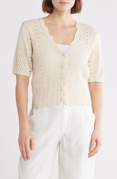 Open Knit Short Sleeve Button-Up Sweater