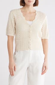 Forgotten Grace Open Knit Short Sleeve Button-Up Sweater
