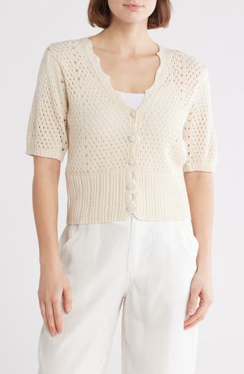 FORGOTTEN GRACE FORGOTTEN GRACE OPEN KNIT SHORT SLEEVE BUTTON-UP SWEATER 