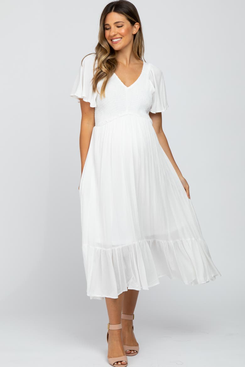 Smocked V-Neck Midi Dress, Alternate, color, White