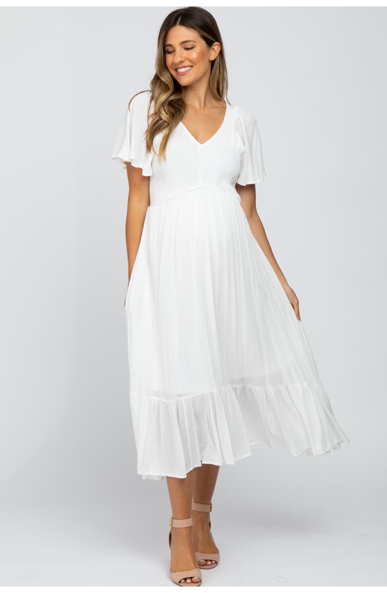 PinkBlush Smocked V-Neck Midi Dress, Alternate, color, White