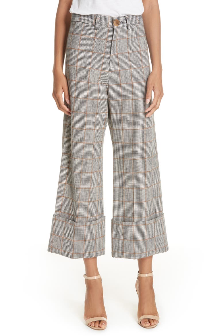 Sea Plaid Cuffed Wide Leg Pants, Main, color, BROWN