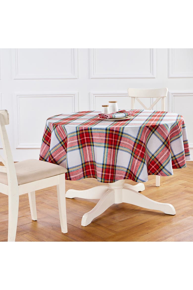 Linen Round Tablecloth - Stewart Plaid, Main, color, White