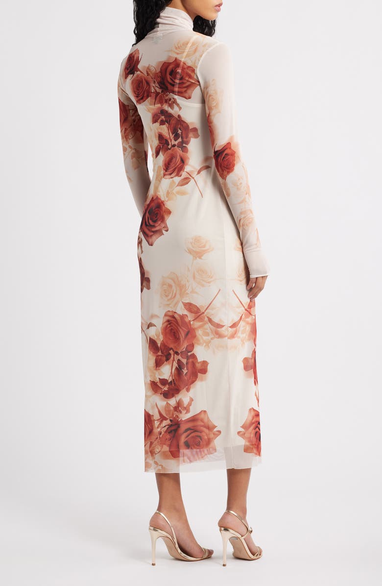AFRM Shailene Print Long Sleeve Mesh Body-Con Midi Dress, Alternate, color, Sepia Roses