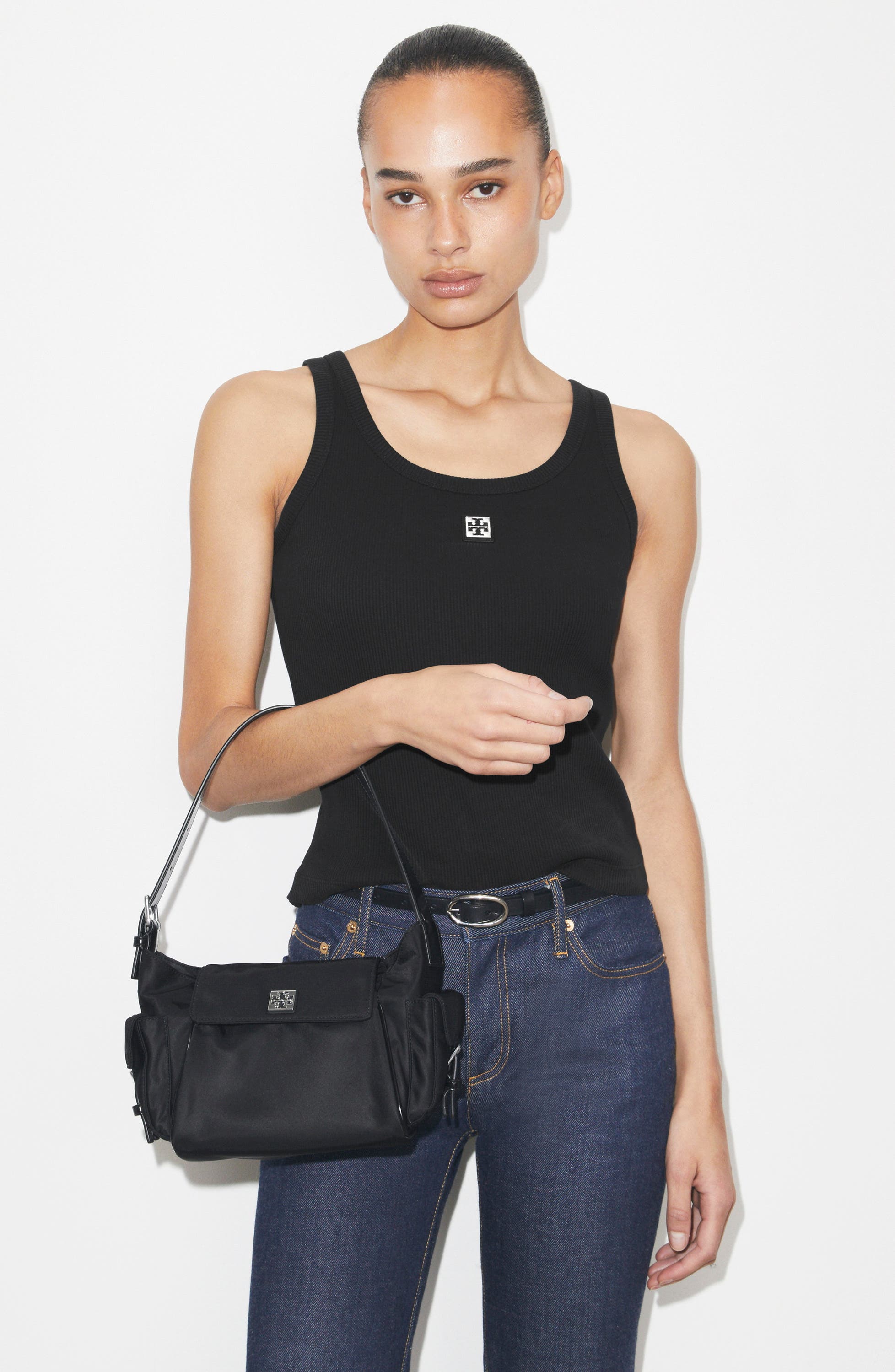 Virginia Pocket Nylon Shoulder Bag, Alternate, color, BLACK