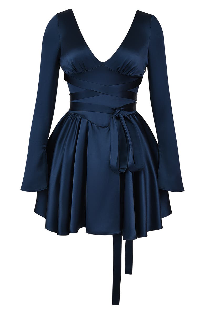 HOUSE OF CB Dominique Crossover Strap Long Sleeve Satin Fit & Flare Dress, Alternate, color, 