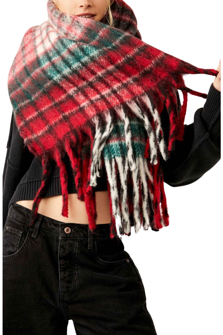 Falling For You Plaid Brushed Blanket Scarf, Main, color, CANDY APPLE