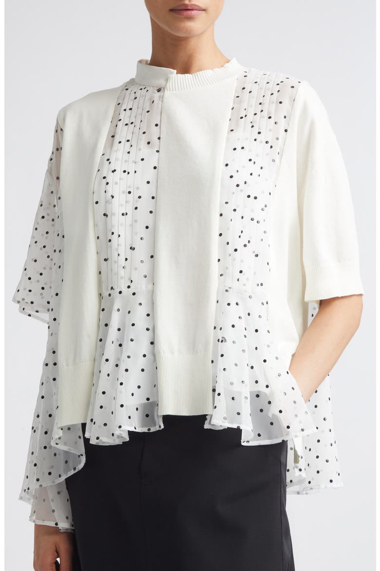 Pleated Polka Dot Mixed Media Top, Alternate, color, WHITE