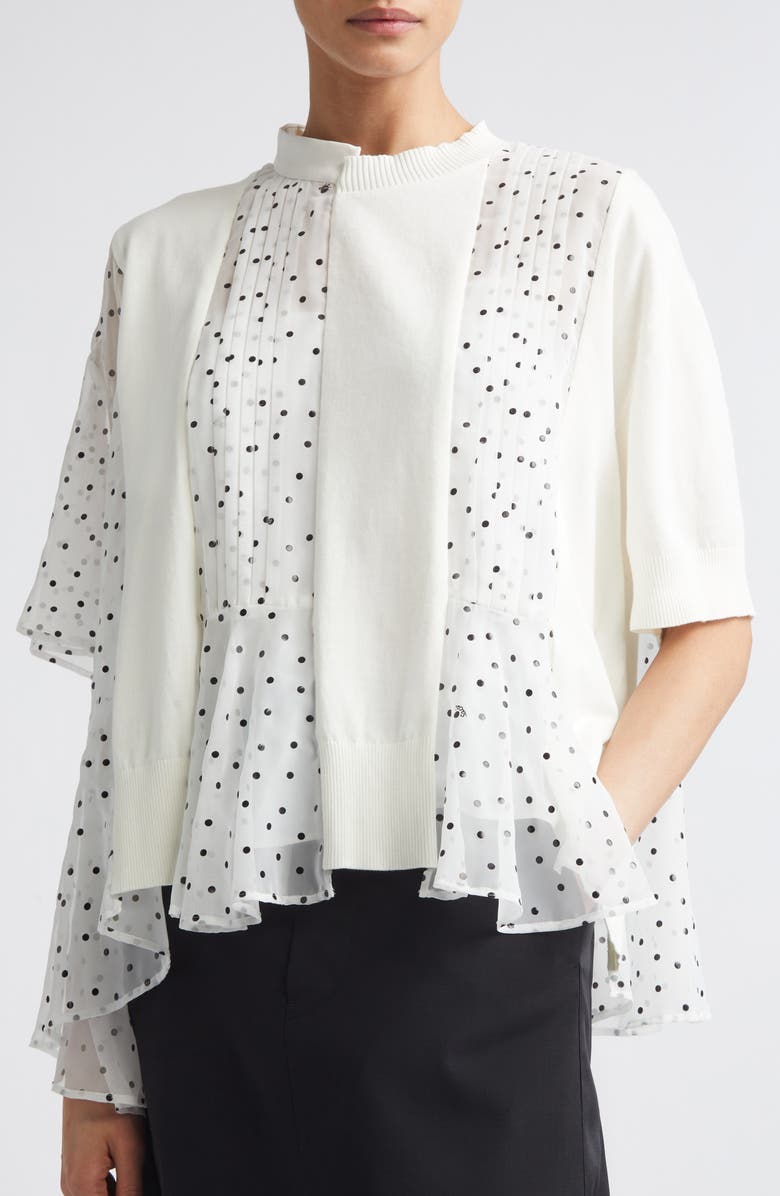 Sacai Pleated Polka Dot Mixed Media Top, Alternate, color, White