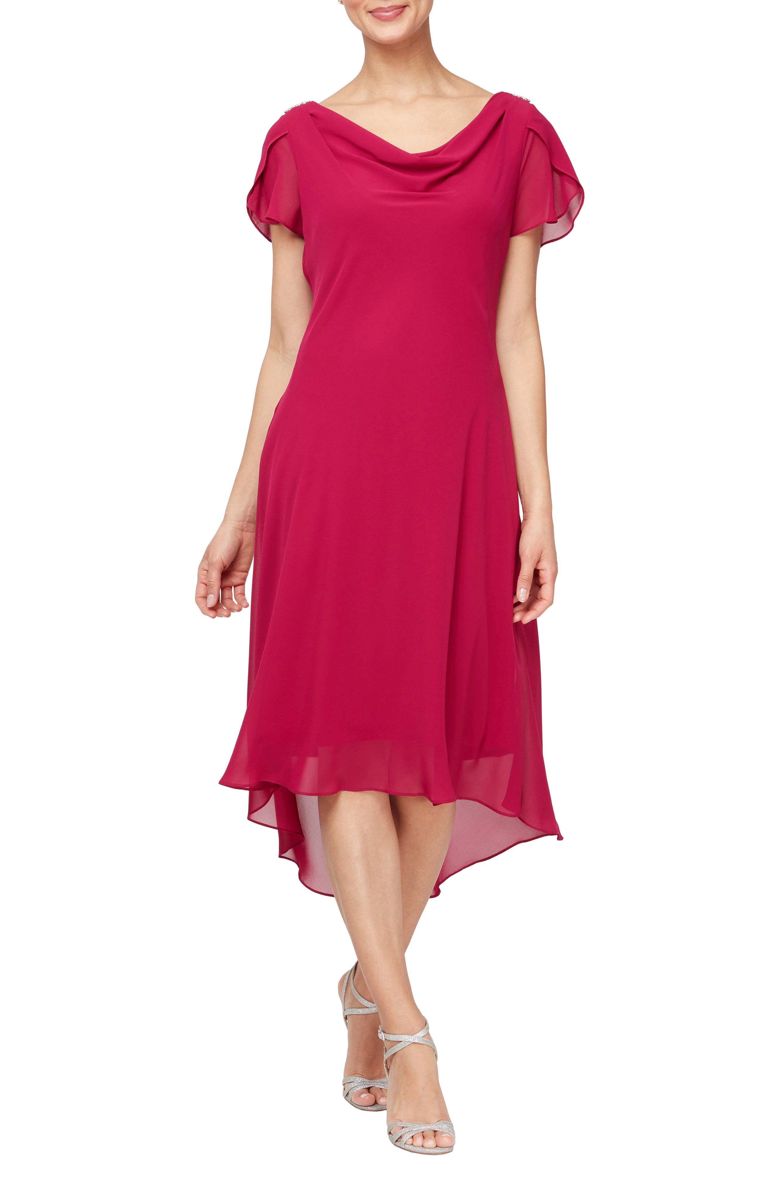 Cowl Neck Flutter Sleeve Midi Dress