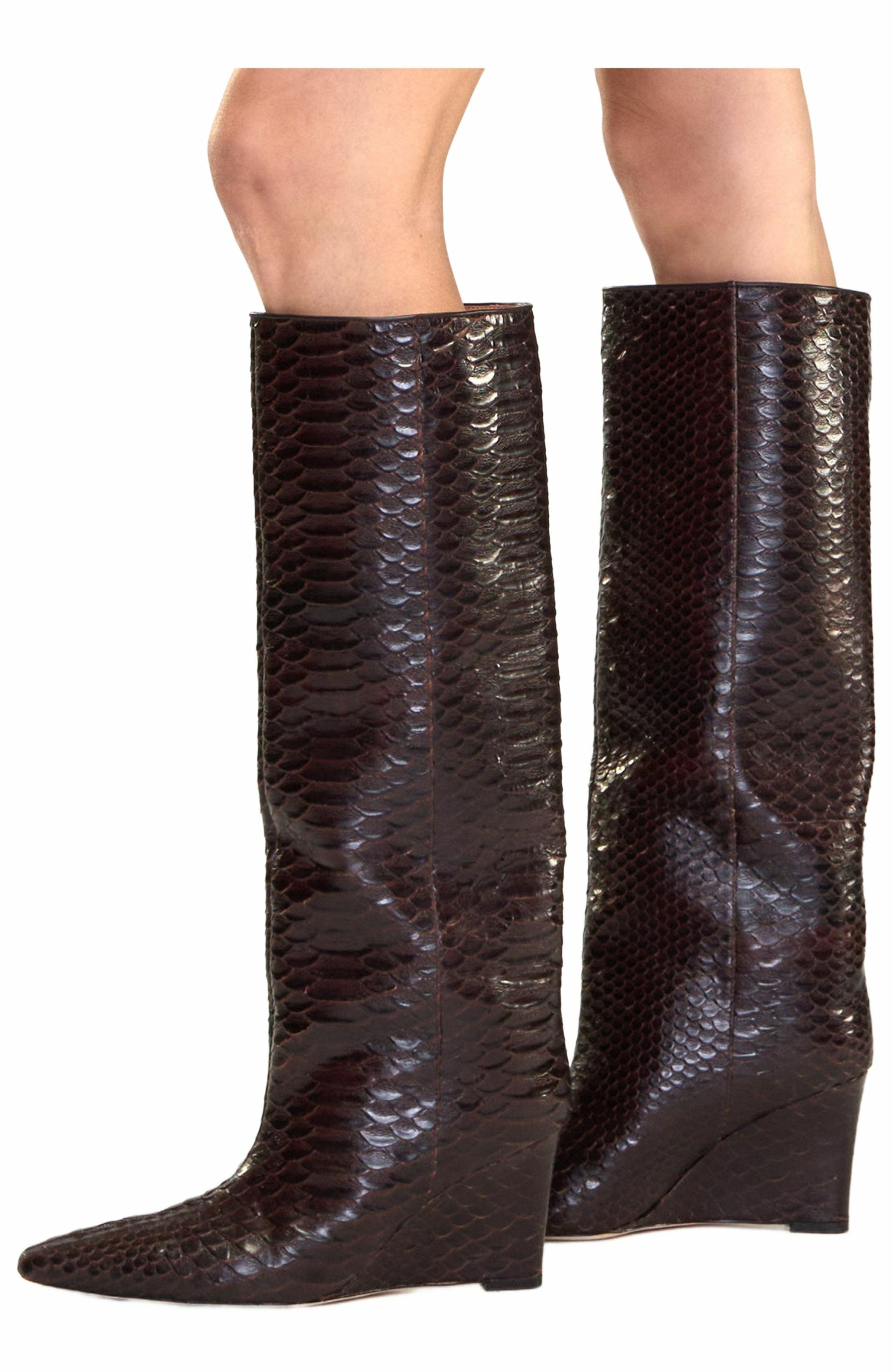 Embossed Leather Wedge Boot, Alternate, color, BROWN