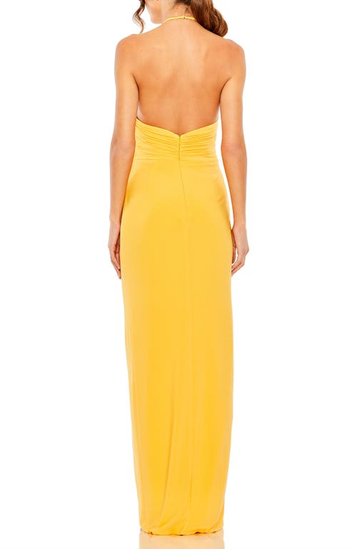 Mac Duggal Halter Neck Rouched Side Front Slit Gown In Marigold