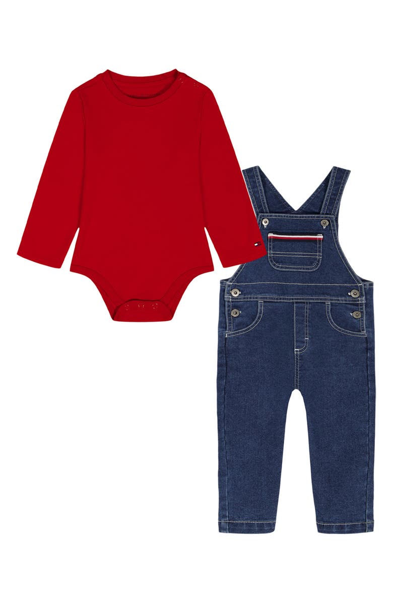 Tommy Hilfiger Long Sleeve Bodysuit & Overalls Set, Main, color, Red