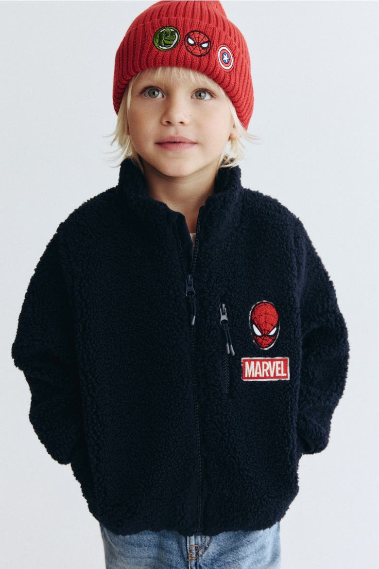 Appliquéd Teddy Fleece Jacket, Alternate, color, Dark blue/Marvel