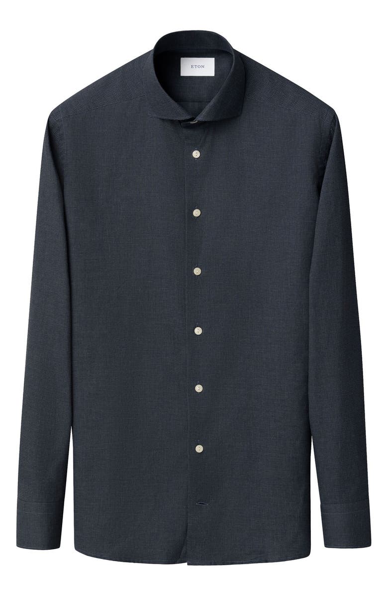 Eton Contemporary Fit Houndstooth Flannel Dress Shirt, Alternate, color, Dark Blue