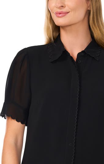 売れ筋商品|||セセ カットソー トップス レディース Women's Scalloped Puff-Sleeve Button-Front Blouse Rich Black CeCe Scallop Trim Button-Up Shirt | Nordstrom