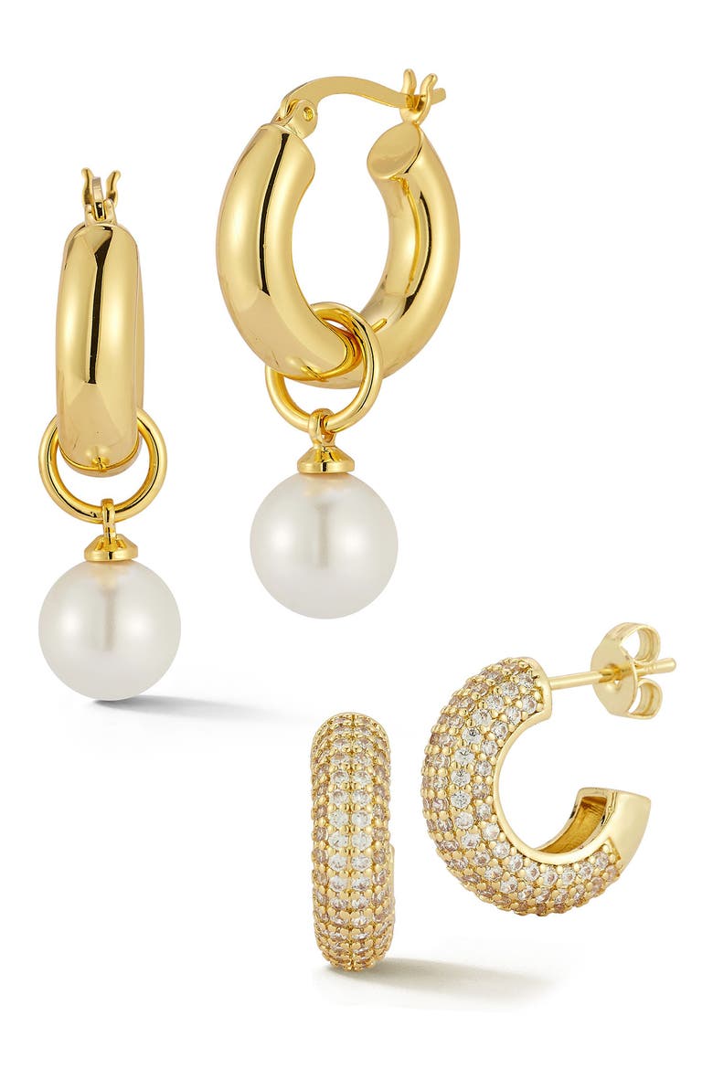Set of 2 Pavé Cubic Zirconia & Faux Pearl Drop Huggie Hoop Earrings, Main, color, GOLD